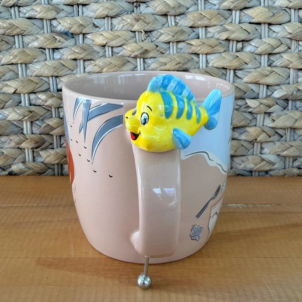 DISNEY Ariel & Flounder Ceramic Mug w/Stirrer Little Mermaid Princess Sebastian